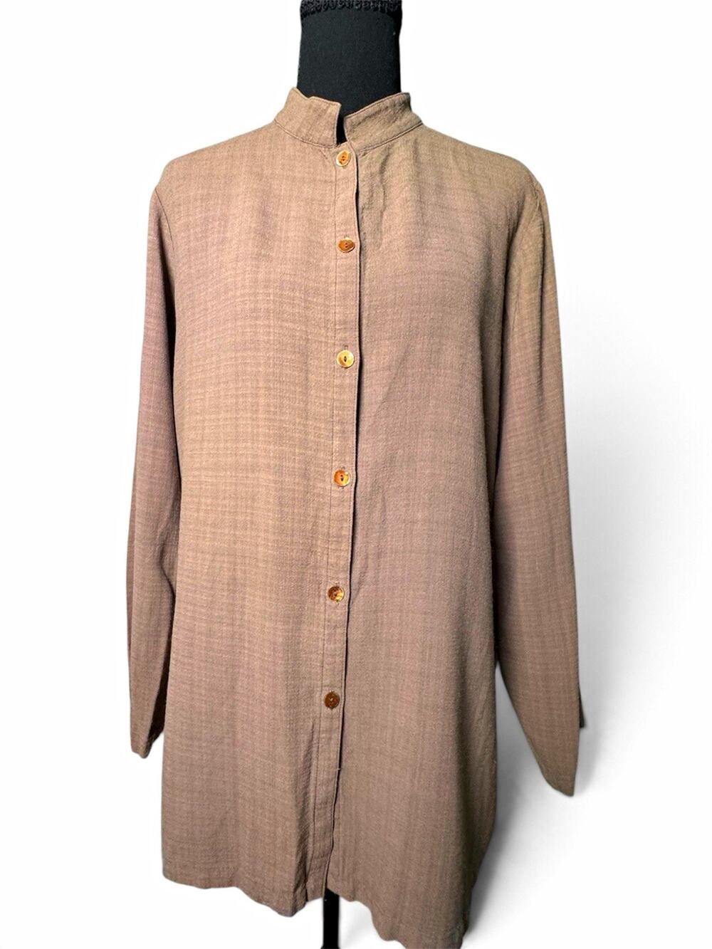 Eileen Fisher Womens Petite PM Brown Linen Mandarin Collar Button-Up Tunic Top